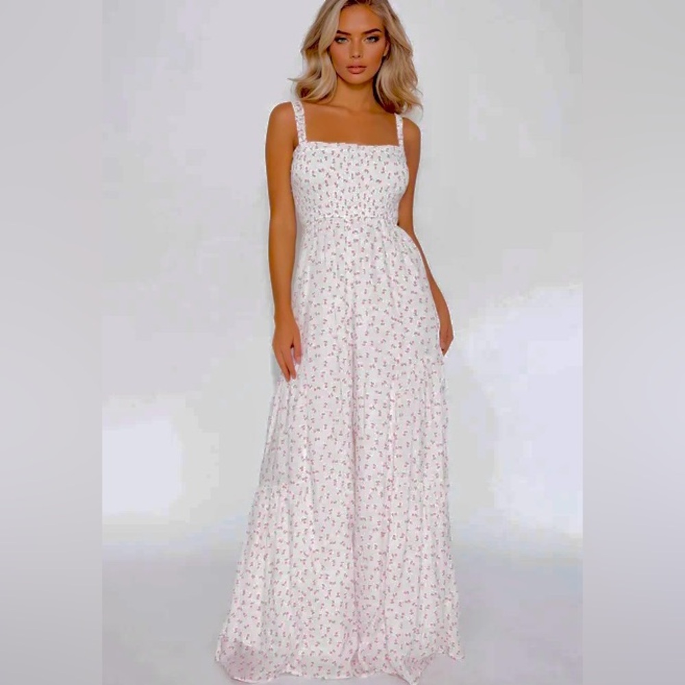 Fashion Nova White Floral Tiered Maxi Jumpsuit